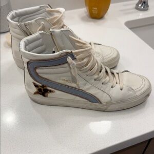 Golden Goose White High-Top Sneakers with Light Blue Accent and Leopard Star